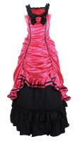 Pink and black satin long dress with bow and rose, lacing and frilly, gothic lolita