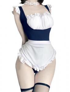 Tenue de soubrette body bleu fonc et blanc, dos nu et tablier, sexy maid 3pcs