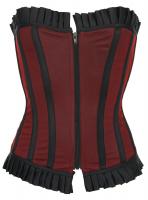 Black overbust corset with red fishnet, zip and pleated border