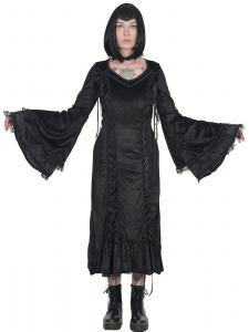 Longue robe en velours noir avec laages et manches doubles vases